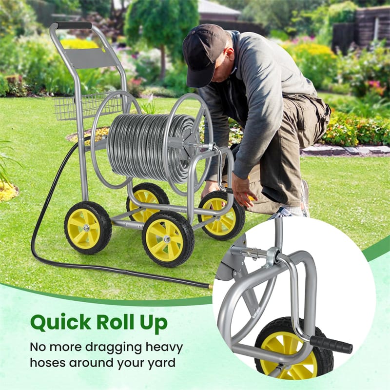Heavy Duty Metal Garden Hose Reel Cart Holds 300FT of 5/8" Hose with 4 Wheels & Storage Basket, Portable Water Hose Organizer for Yard Lawn