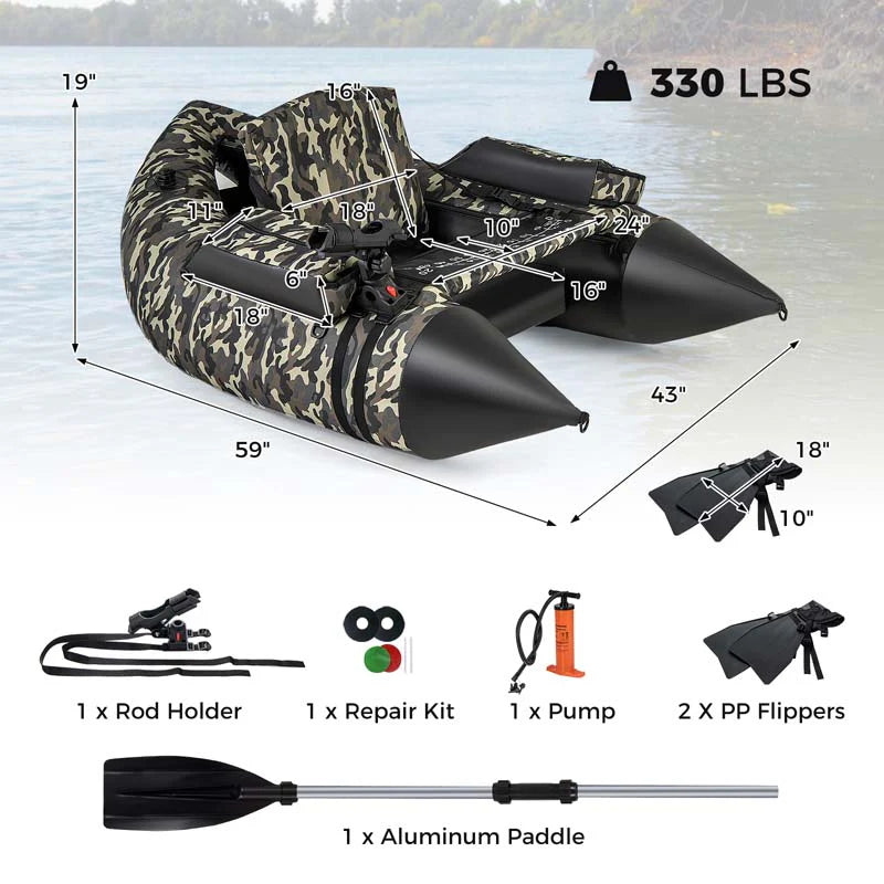 Inflatable Fishing Float Tube, 350 LBS Capacity Belly Boat with Paddle, Flippers, Rod Holder, Fish Ruler, Pump, Storage Bag & Adjustable Straps