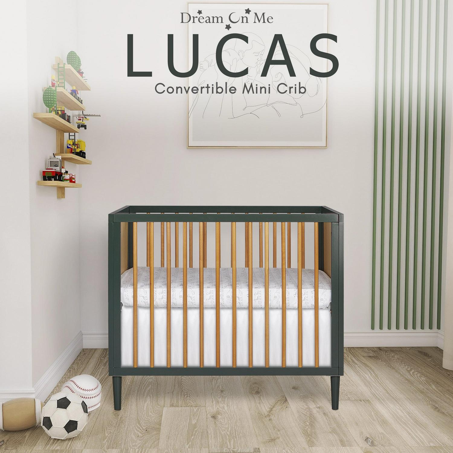 Dream on Me Lucas Mini Modern Crib with Rounded Spindles I Convertible Crib I Mid - Century Meets Modern I Portable Crib
