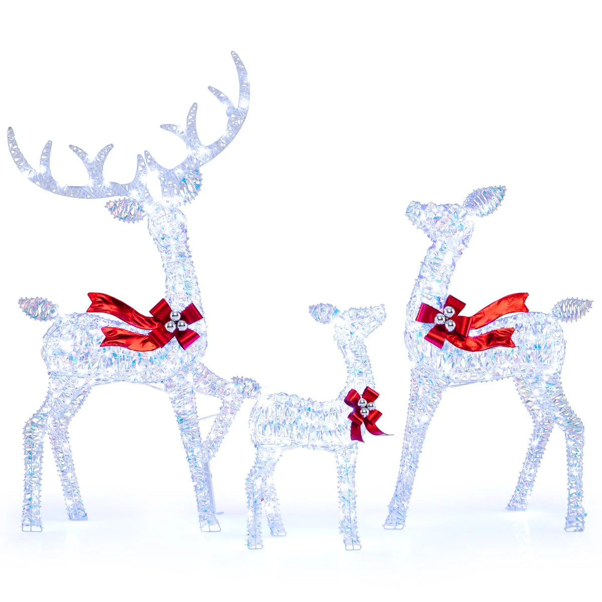 Tangkula 3-Piece Christmas Lighted Iridescent Reindeer Family Set with 215 Cold White LED Lights and Ground Stakes