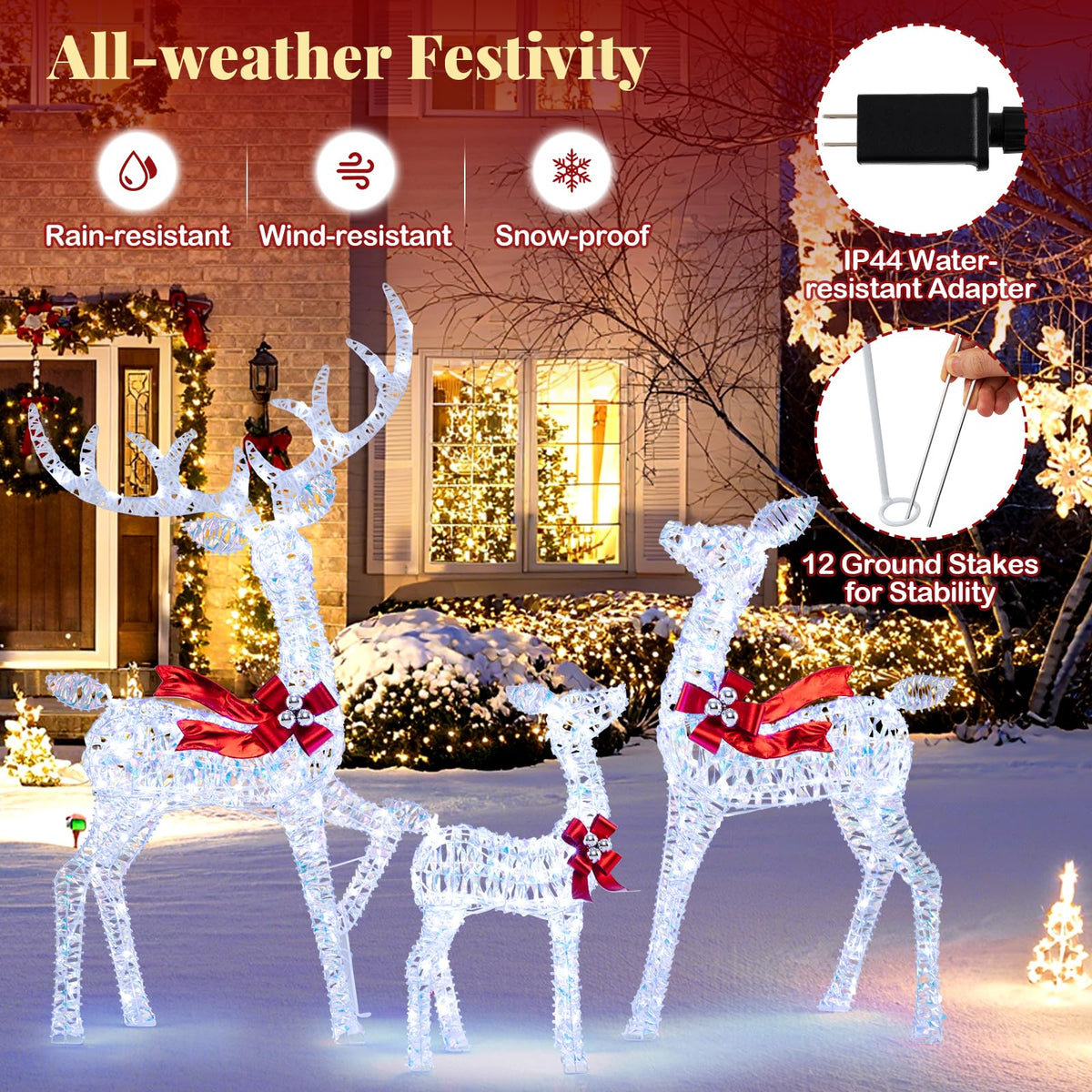 Tangkula 3-Piece Christmas Lighted Iridescent Reindeer Family Set with 215 Cold White LED Lights and Ground Stakes