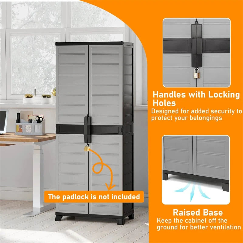 68" Lockable Plastic Storage Cabinet with 3 Adjustable Shelves, Vertical Shelving Unit Utility Garage Organizer for Basement, Laundry Room & Mudroom