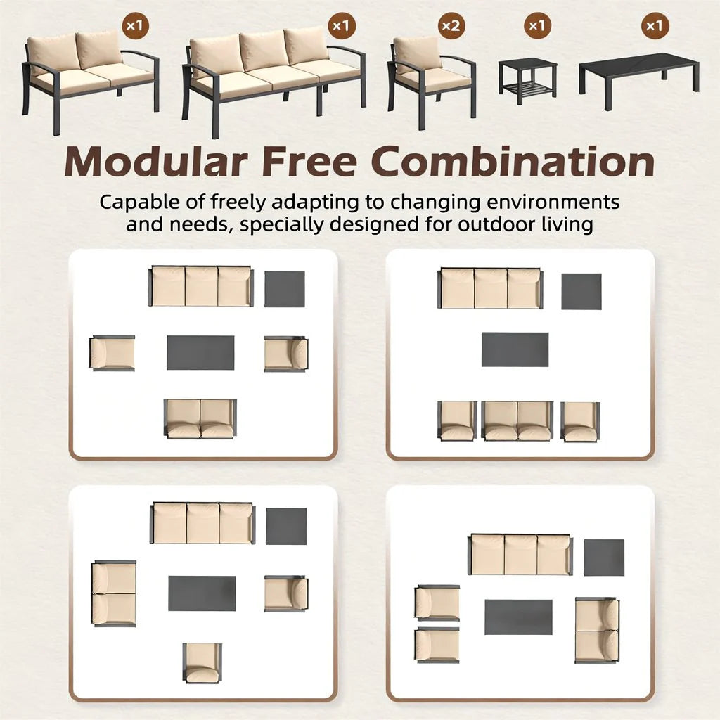AECOJOY Metal Patio Furniture Set, 7 Seats Modern Outdoor Furniture with Deep Cushions