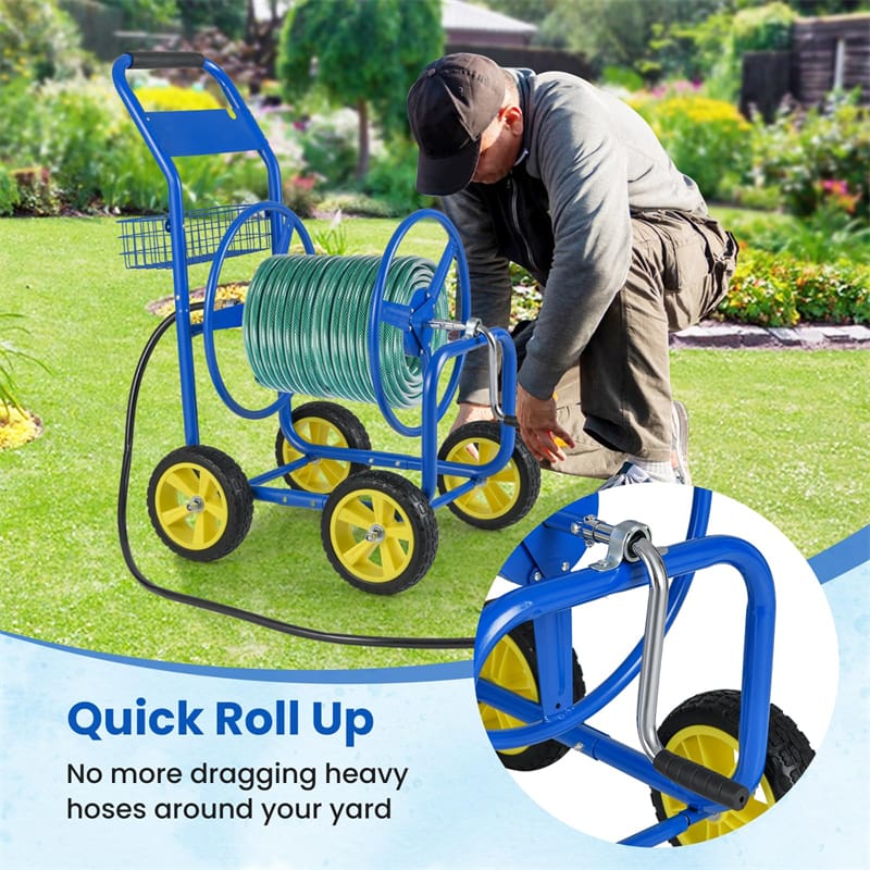 Heavy Duty Metal Garden Hose Reel Cart Holds 300FT of 5/8" Hose with 4 Wheels & Storage Basket, Portable Water Hose Organizer for Yard Lawn