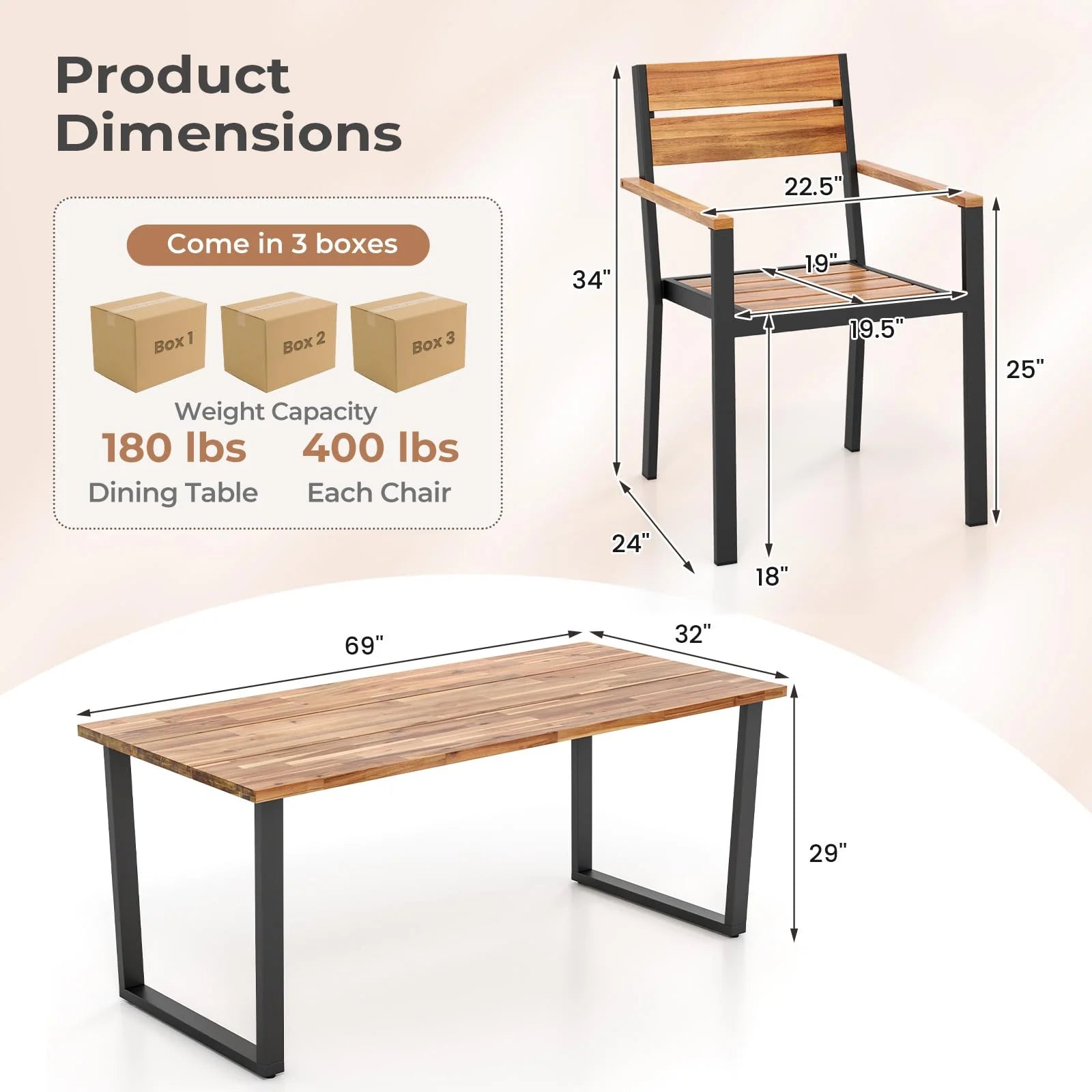7 Pcs Metal Frame Outdoor Patio Dining Set - 69" Rectangular Acacia Wood Table with 6 Stackable Chairs, 2" Umbrella Hole