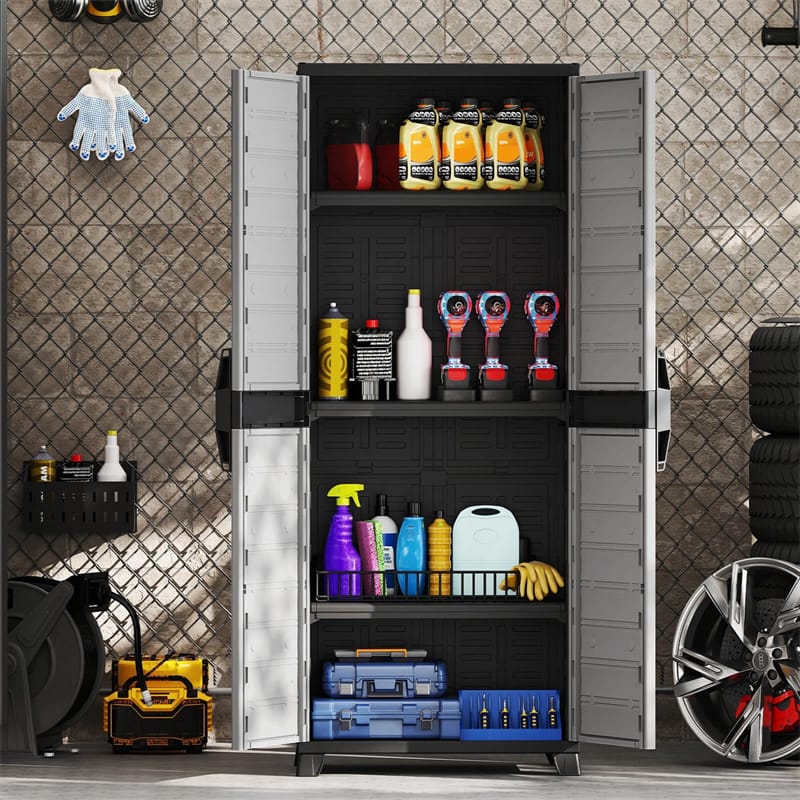 68" Lockable Plastic Storage Cabinet with 3 Adjustable Shelves, Vertical Shelving Unit Utility Garage Organizer for Basement, Laundry Room & Mudroom