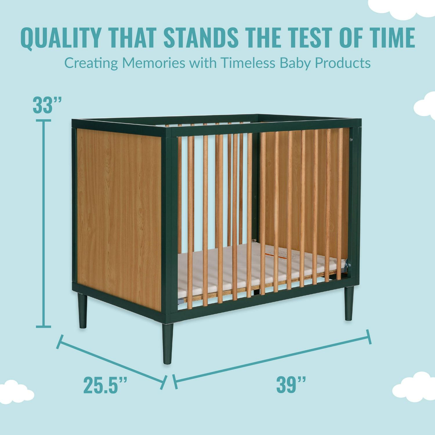 Dream on Me Lucas Mini Modern Crib with Rounded Spindles I Convertible Crib I Mid - Century Meets Modern I Portable Crib