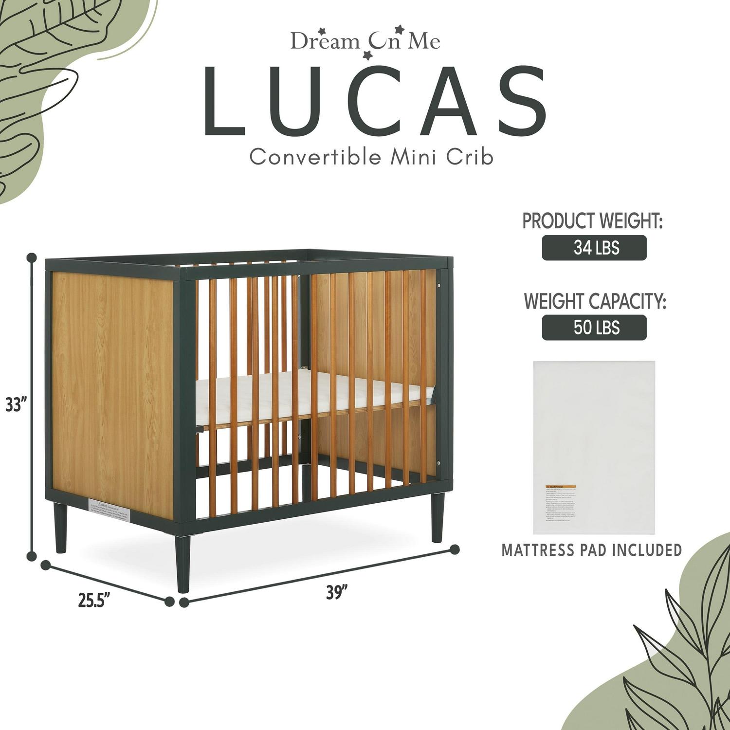 Dream on Me Lucas Mini Modern Crib with Rounded Spindles I Convertible Crib I Mid - Century Meets Modern I Portable Crib