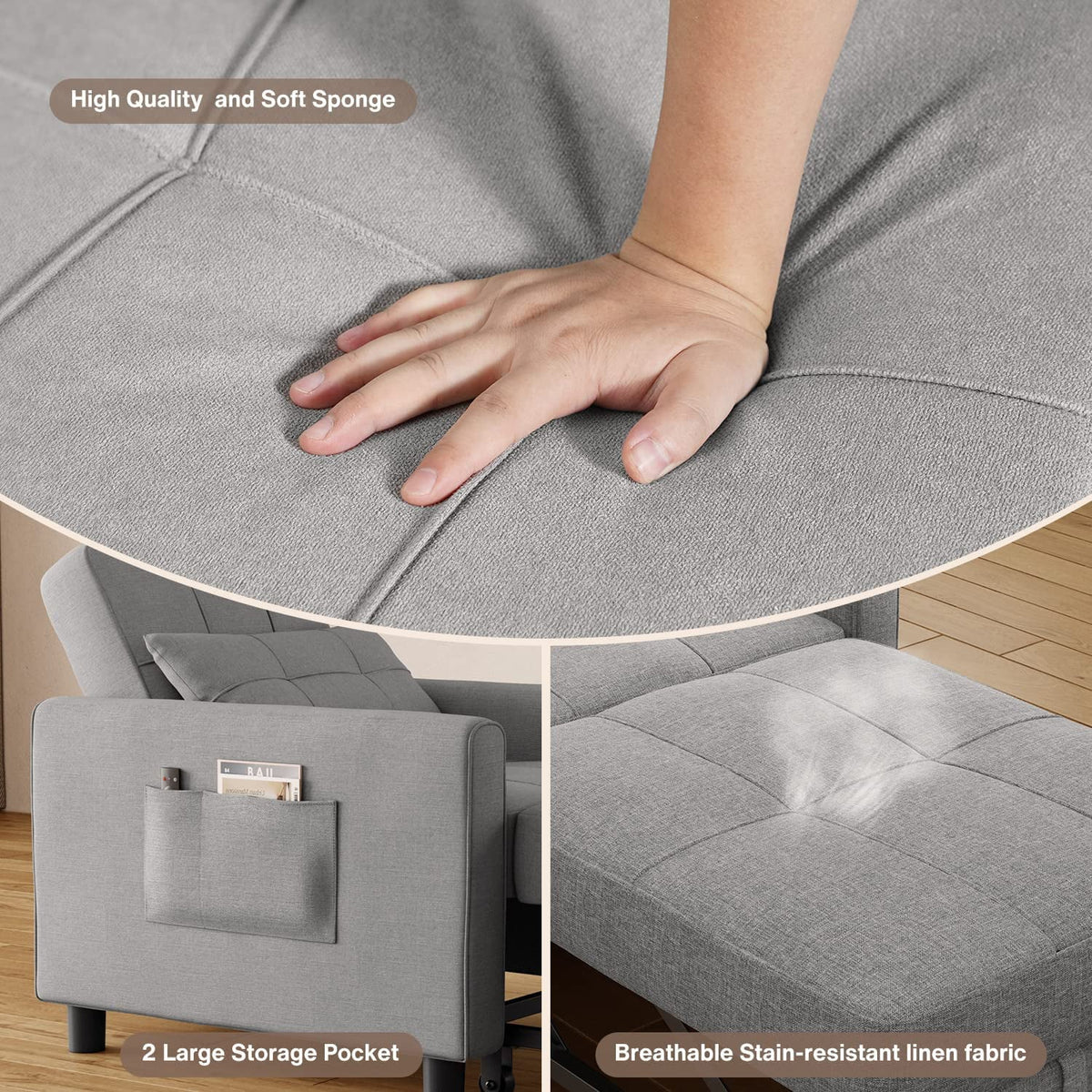 Lofka Chair Bed, Convertible Sofa Bed Couch Recliner Single Bed for Living Room/Office/Bedroom, Light Gray