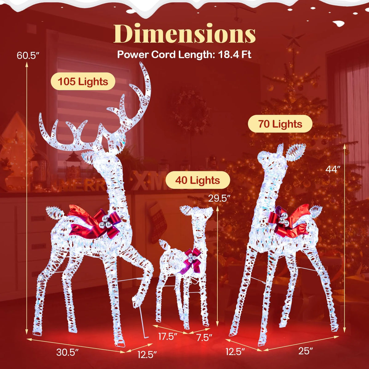 Tangkula 3-Piece Christmas Lighted Iridescent Reindeer Family Set with 215 Cold White LED Lights and Ground Stakes