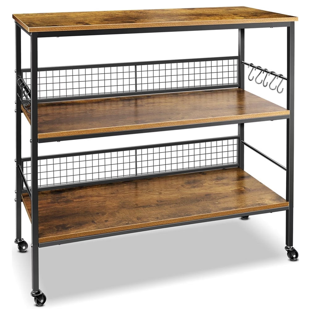 Behost 3-Tier Rolling Cart Microwave Stand with 10 Hooks, Coffee Bar Kitchen Storage Rack Organizer, Rustic Brown