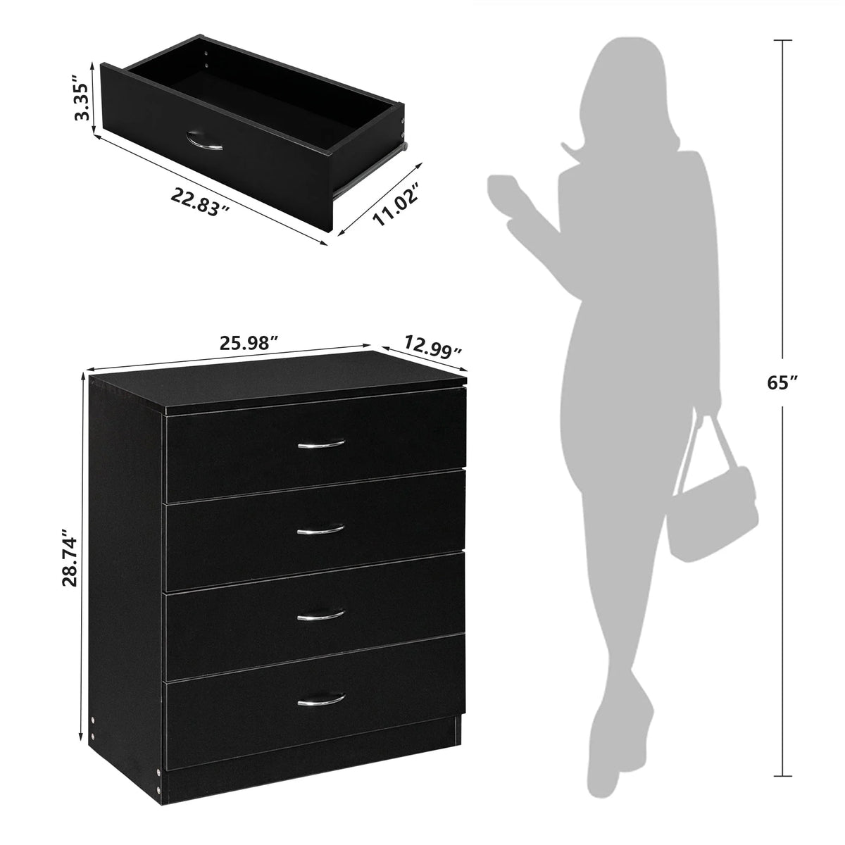 Segmart Black Chest of 4 Drawers, Wood Bedroom Furniture Chest Cabinet with Metal Handles for Kids Room