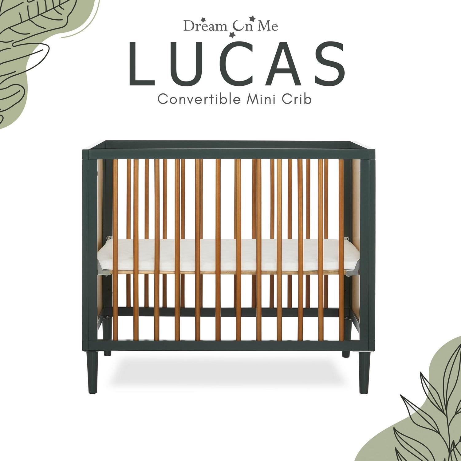 Dream on Me Lucas Mini Modern Crib with Rounded Spindles I Convertible Crib I Mid - Century Meets Modern I Portable Crib