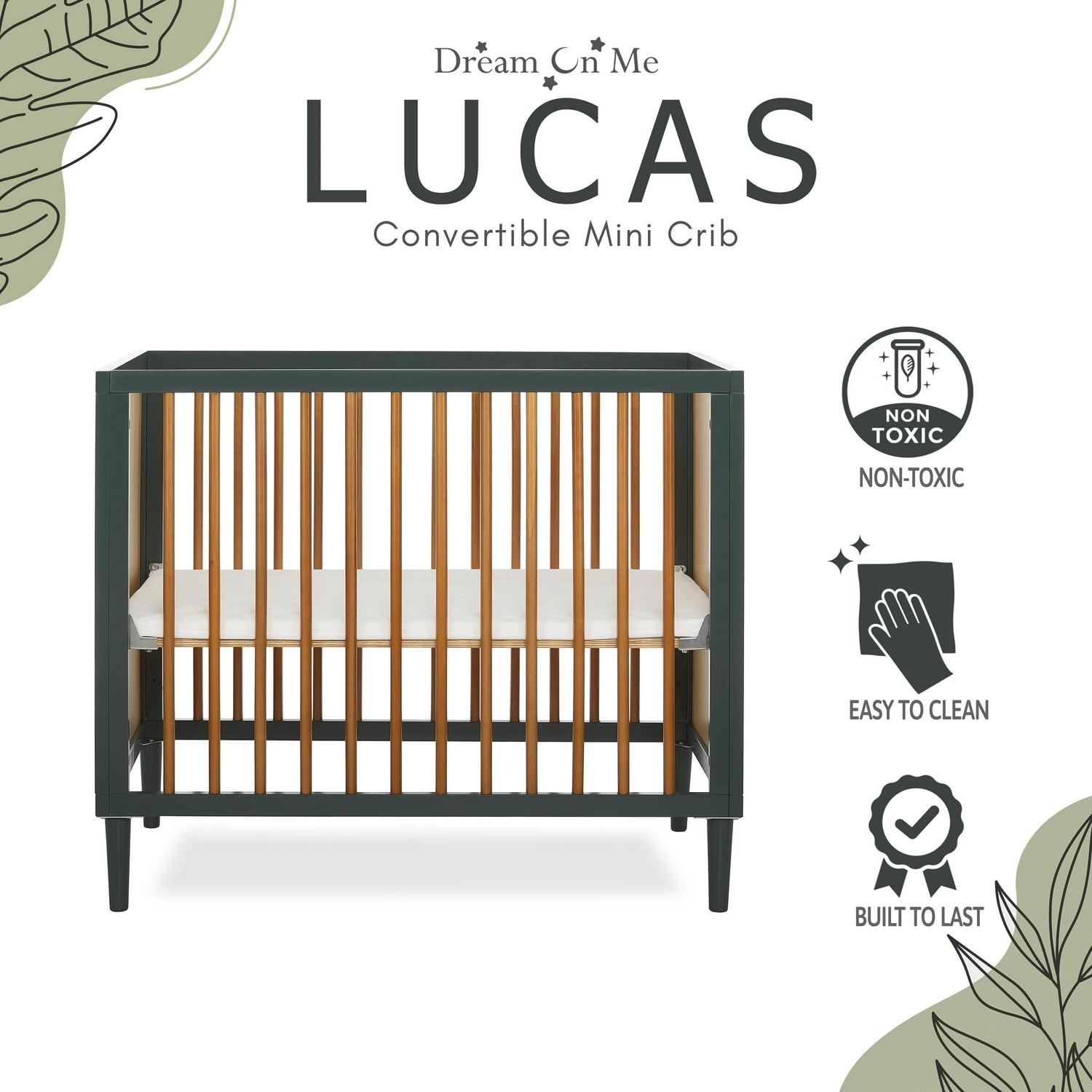 Dream on Me Lucas Mini Modern Crib with Rounded Spindles I Convertible Crib I Mid - Century Meets Modern I Portable Crib