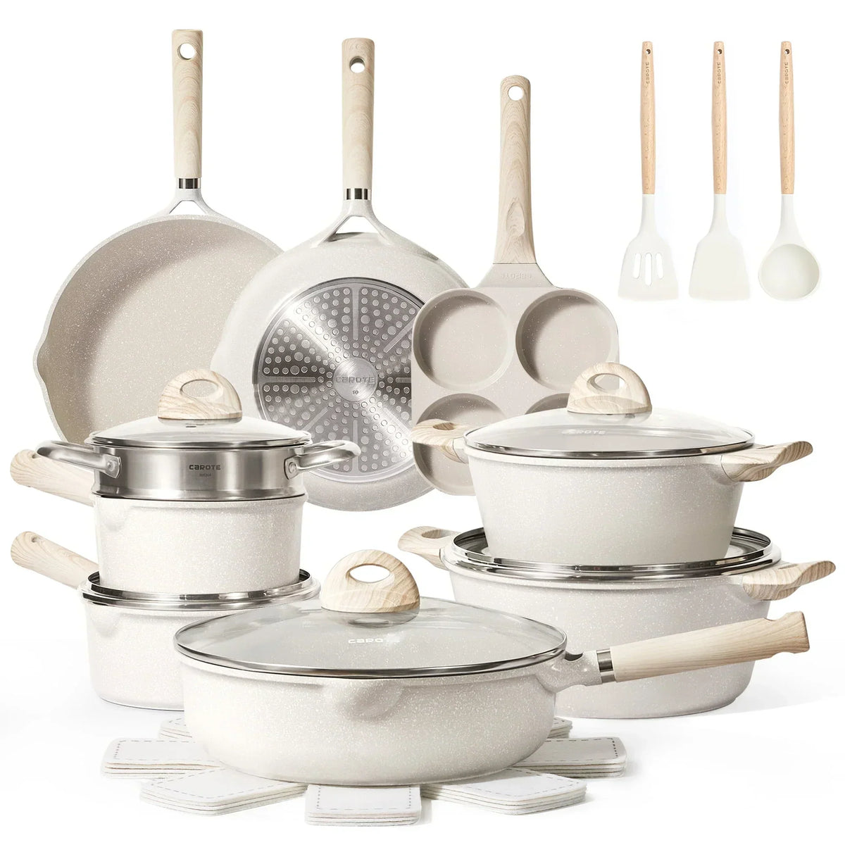 Non Stick Pots and Pans Set, 21 Pcs Induction Kitchen Cookware Sets (Beige Granite)